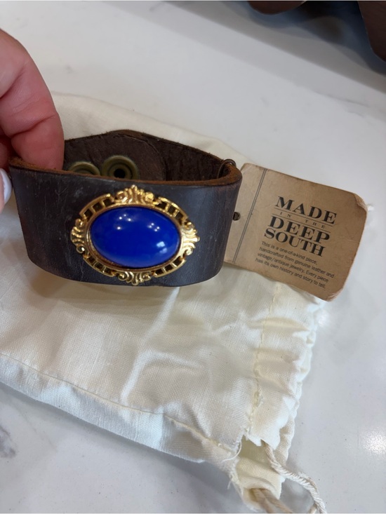 Made In The Deep South Jewelry - Made in the Deep South Blue Cabochon Gold Accent Brown Leather Bracelet